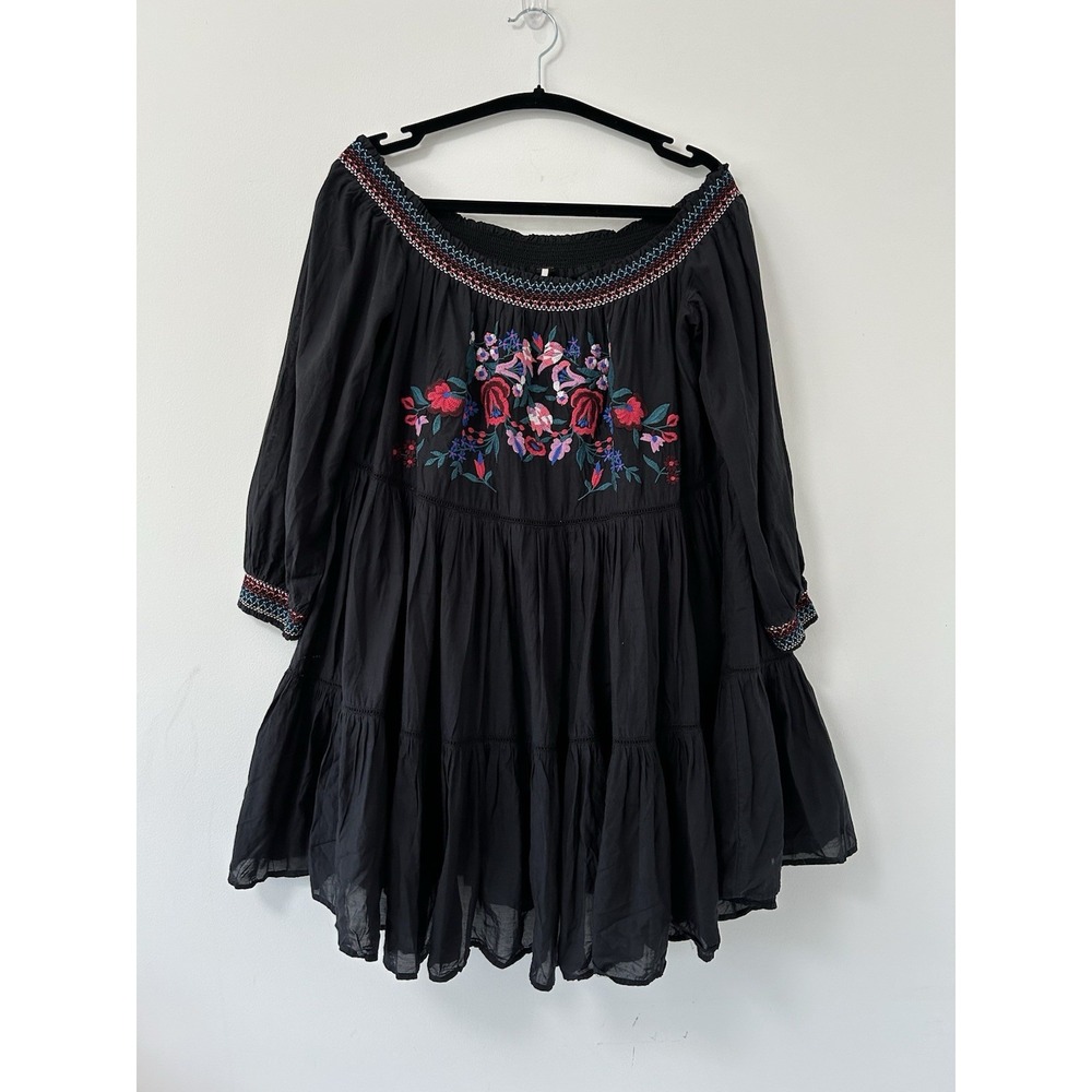 FREE PEOPLE Sunbeams Embroidered Tunic Dress LARGE Black OB816795 Boho Festival